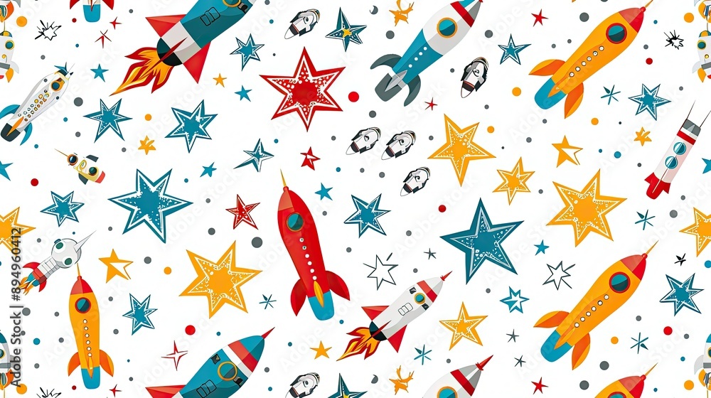 Fototapeta premium Colorful Rockets and Stars Seamless Pattern