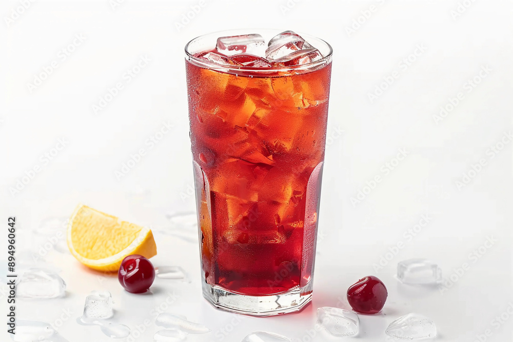 tall glass of cherry iced tea to go ,summer drink, iced tea white background tall glass of cherry iced tea to go ,summer drink, iced tea white background