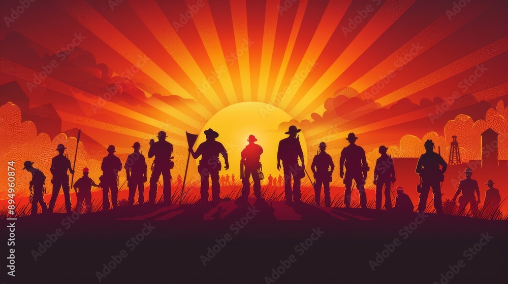 Labor Day poster with silhouettes of workers from different sectors standing tall, with a radiant sunrise and the phrase Labor Day poster with silhouettes of workers from different sectors standing tall, with a radiant sunrise and the phrase