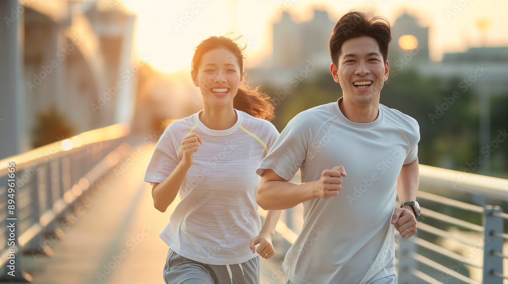 Joyful couple running together at sunrise, showcasing a healthy and active lifestyle with smiles and energy. Joyful couple running together at sunrise, showcasing a healthy and active lifestyle with smiles and energy.