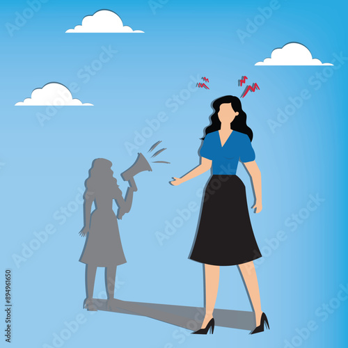 Self criticism, negative critic thinking to blame yourself, guilt or depression to rant or inner anxiety, anger or stress psychology concept, depressed businesswoman self shadow blame with megaphone