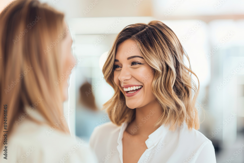 A cheerful woman with stylish hair enjoys a lively conversation in a bright salon, radiating happiness and confidence. A cheerful woman with stylish hair enjoys a lively conversation in a bright salon, radiating happiness and confidence.