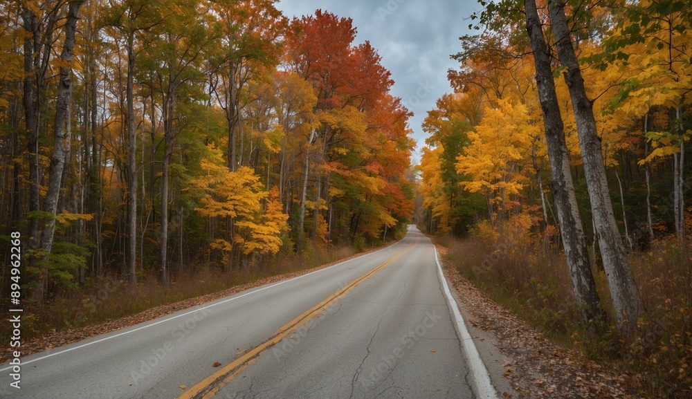 Empty rural road lined with autumn trees vibrant foliage.
