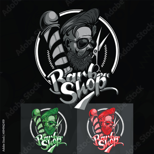 Barber shop logo, on a black background and with an additional two options.