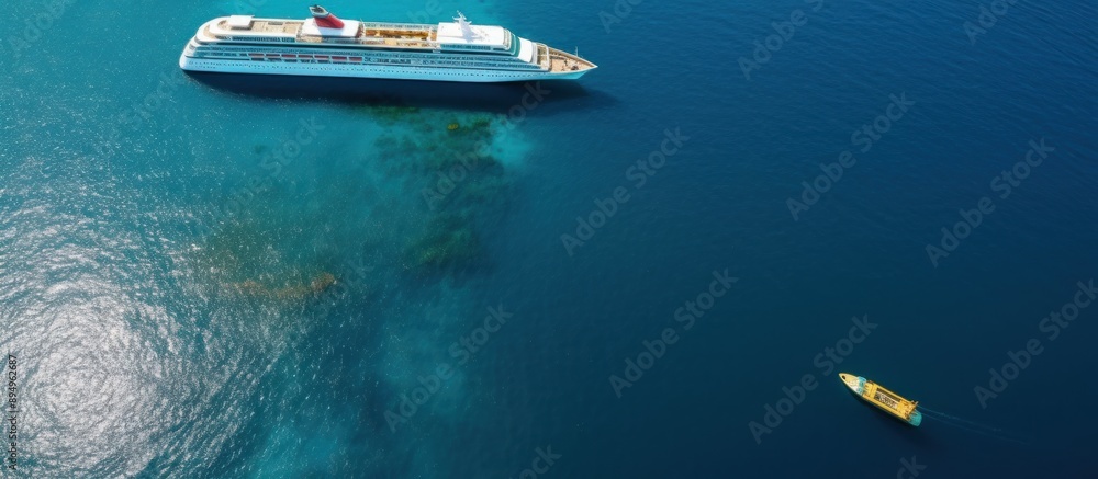 Fototapeta premium Aerial View of a Cruise Ship and a Small Boat