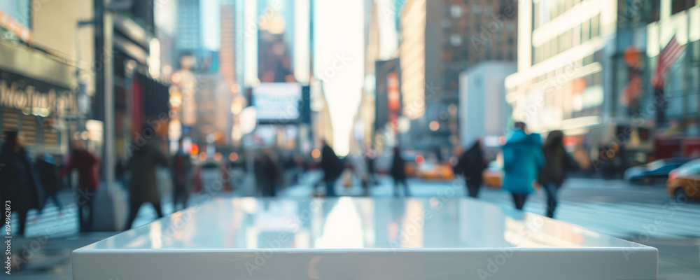 Table in busy urban setting. A white table stands in front of a blurred urban backdrop, creating a sense of calm amidst the city's hustle and bustle. Table in busy urban setting. A white table stands in front of a blurred urban backdrop, creating a sense of calm amidst the city's hustle and bustle.