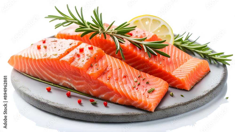 Fresh salmon pieces, pepper, rosemary leaves on stone plate on white background. Fresh salmon pieces, pepper, rosemary leaves on stone plate on white background.
