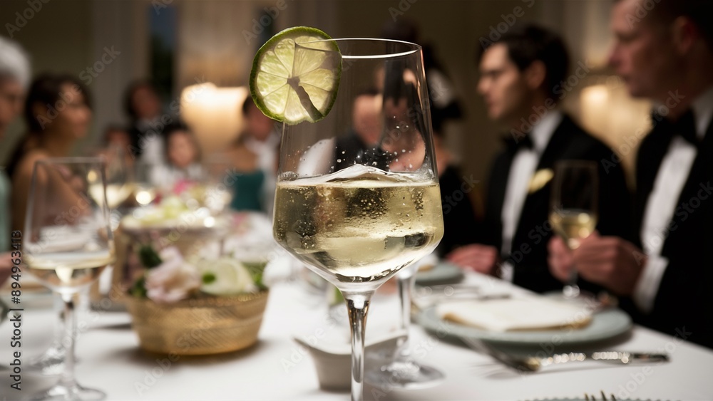 Elegant dinner party with white wine and lime slice Elegant dinner party with white wine and lime slice