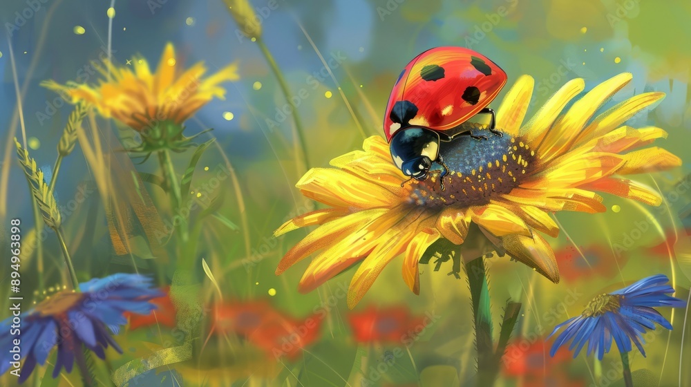 Ladybug on yellow flower meadow. A vibrant ladybug perched on a bright yellow daisy in a field of blooming flowers. The vivid colors and intricate details capture the beauty of nature. Ladybug on yellow flower meadow. A vibrant ladybug perched on a bright yellow daisy in a field of blooming flowers. The vivid colors and intricate details capture the beauty of nature.