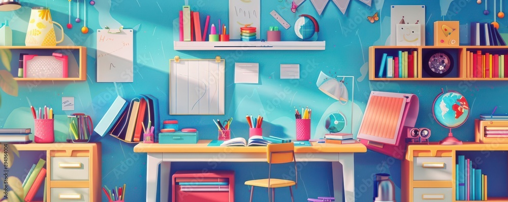 A whimsical teacher s desk with various teaching aids and decorations, Creative, Bright colors, Digital illustration, emphasizing a fun and engaging learning environment A whimsical teacher s desk with various teaching aids and decorations, Creative, Bright colors, Digital illustration, emphasizing a fun and engaging learning environment