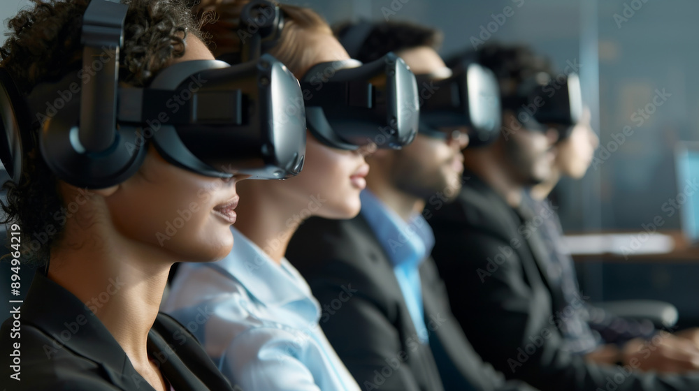 A group of people wearing virtual reality headsets are sitting in a room A group of people wearing virtual reality headsets are sitting in a room