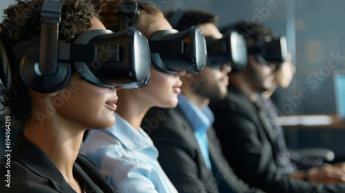 A group of people wearing virtual reality headsets are sitting in a room