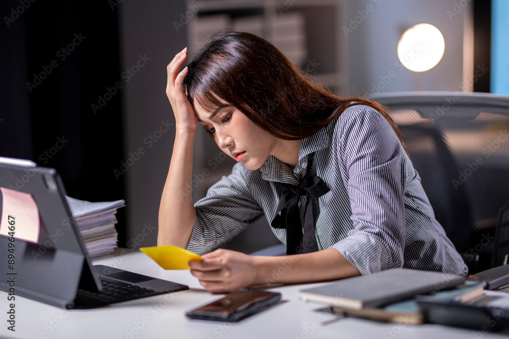 A woman is sitting at a desk with a yellow piece of paper in her hand A woman is sitting at a desk with a yellow piece of paper in her hand