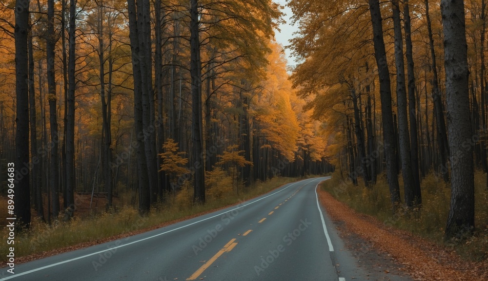 Fototapeta premium Straight road leading through golden autumn forest