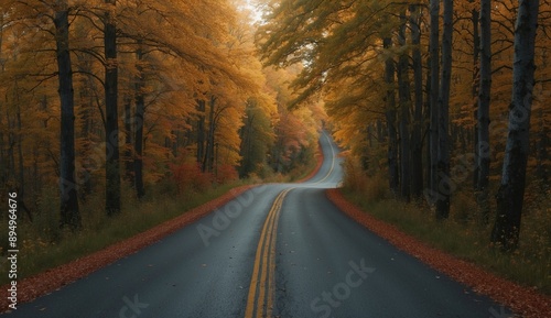 Curved road through golden autumn forest landscape