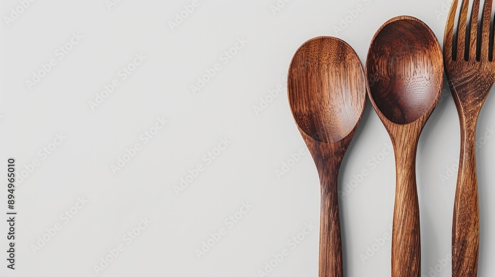 Wooden cutlery set on white background with copy space Wooden cutlery set on white background with copy space