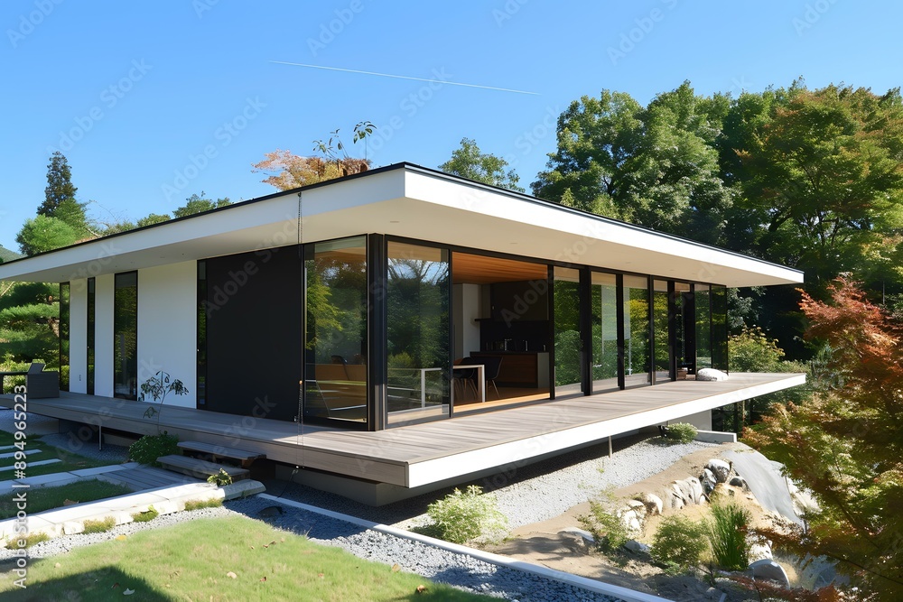 Fototapeta premium Modern House with Large Windows and Deck in Japan