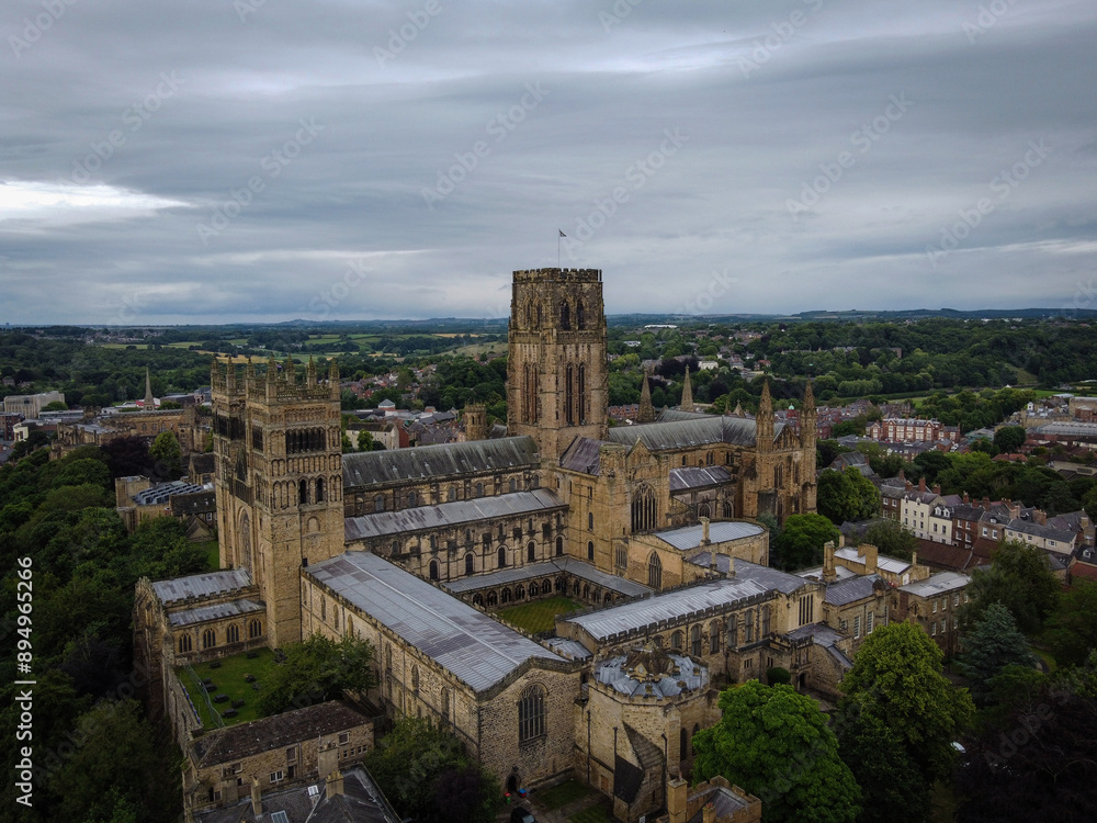 Fototapeta premium Durham Cathedral scenic aerial view by cloudy noon, England