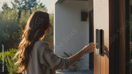 Woman ringing an intercom near a building entrance, with a modern building facade