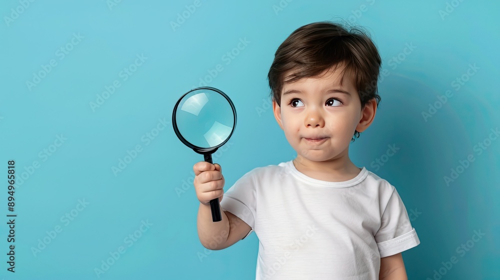 Young Boy Holding Magnifying Glass Against Blue Background Young Boy Holding Magnifying Glass Against Blue Background