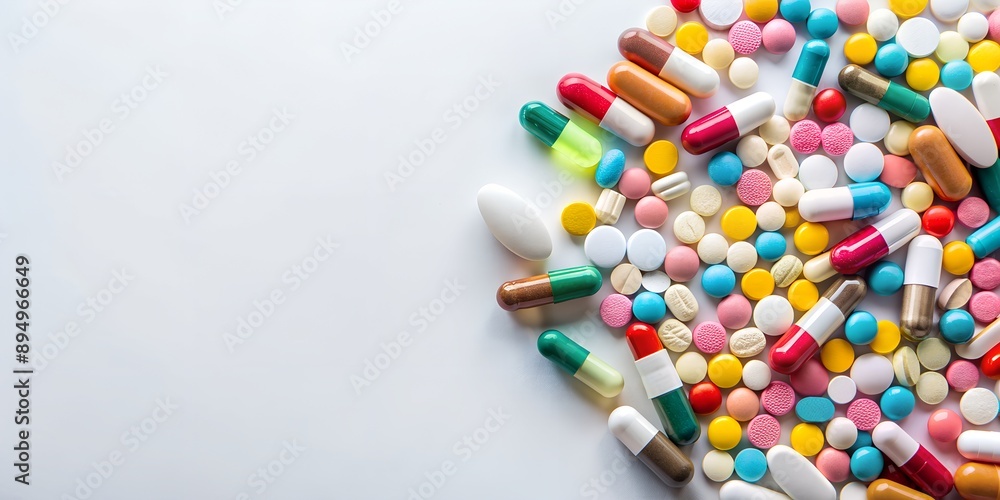 A bunch of pills are scattered on a white background AI-Created Content A bunch of pills are scattered on a white background AI-Created Content