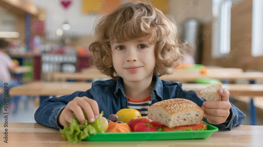 Happy Young Boy Eating Nutritious Lunch with Fresh Fruits and Vegetables in School Cafeteria, Emphasizing Importance of Healthy Eating Habits for Children Happy Young Boy Eating Nutritious Lunch with Fresh Fruits and Vegetables in School Cafeteria, Emphasizing Importance of Healthy Eating Habits for Children