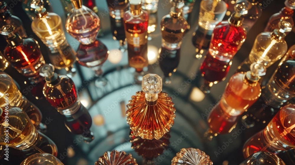 Perfume bottles displayed from above on a dark circular mirror Perfume bottles displayed from above on a dark circular mirror