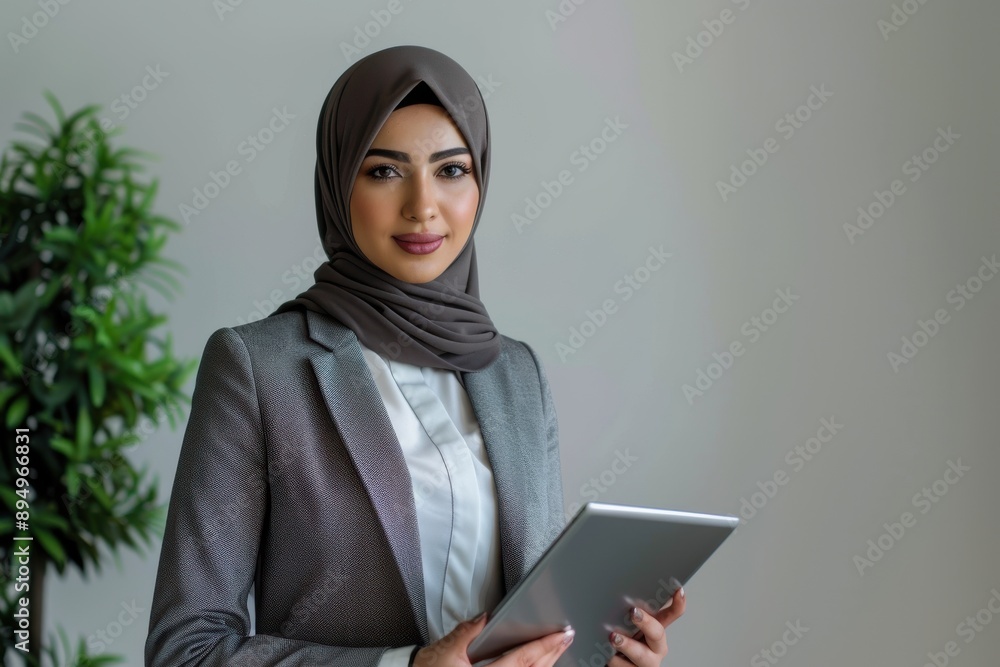 Muslim businesswoman holding a tablet and smiling confidently on neutral background Muslim businesswoman holding a tablet and smiling confidently on neutral background