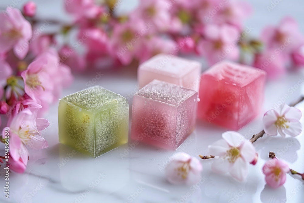 Colorful mochi displayed on a pastel background Colorful mochi displayed on a pastel background