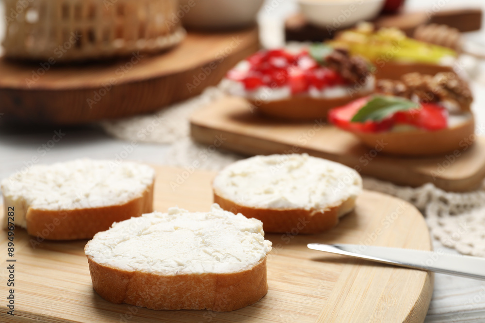 Delicious bruschettas with ricotta cheese on table, closeup Delicious bruschettas with ricotta cheese on table, closeup