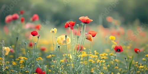 Field of Wildflowers with Red and Yellow Poppy Flowers