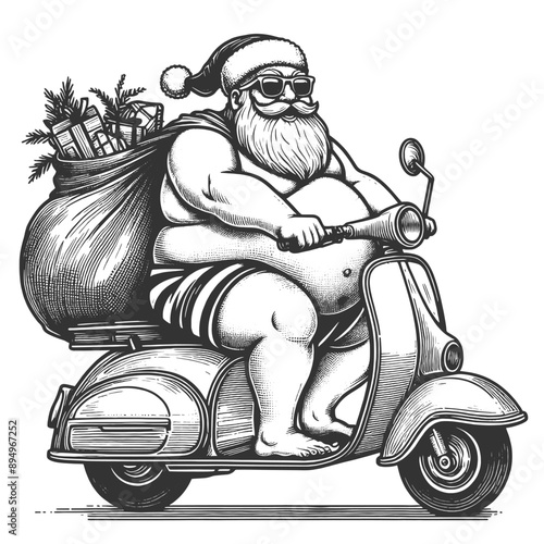 Summer beach Santa Claus ride a scooter with gifts, wearing beachwear sketch engraving generative ai fictional character vector illustration. Scratch board imitation. Black and white image.