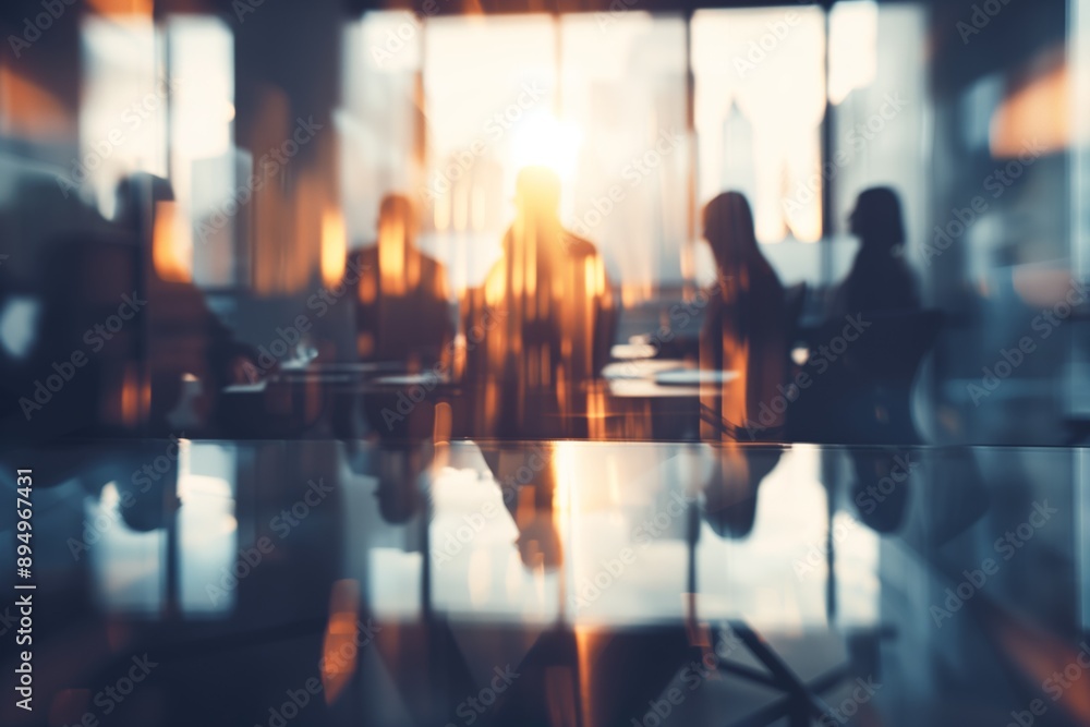 Fototapeta premium Blurred silhouettes of people seen through glass at an office meeting