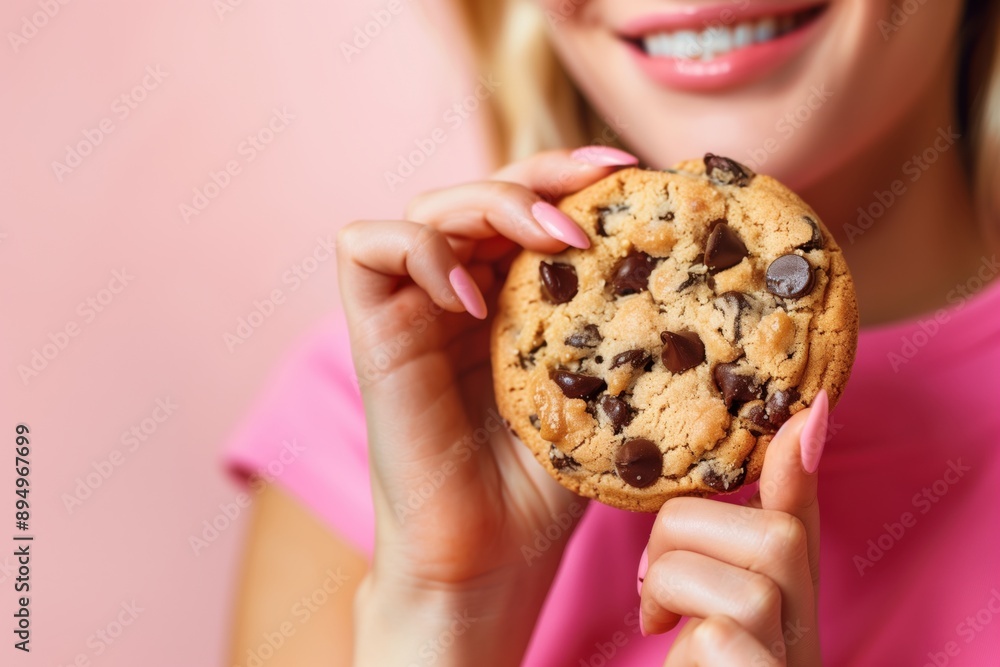Woman holding big chocolate chip cookie smiling on pink background Woman holding big chocolate chip cookie smiling on pink background
