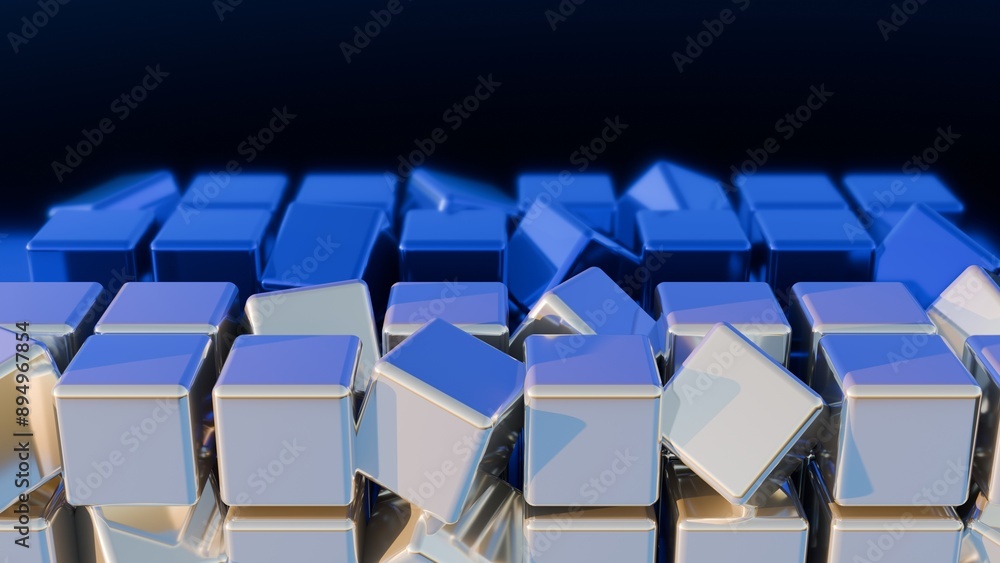 Metallic cube abstract background. 3d render shiny box shapes backdrop. Geometric square graphic element. Blue glossy rectangle abstract design with reflection. Metallic cube abstract background. 3d render shiny box shapes backdrop. Geometric square graphic element. Blue glossy rectangle abstract design with reflection.