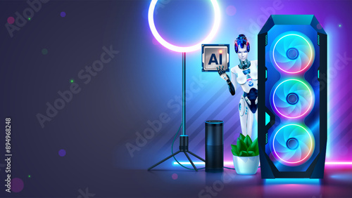 Gaming pc with AI chip. Desktop gaming computer with neon light on desk. GPU or CPU with AI or Artificial Intelligence chip. Robot woman with AI chip in hand it looks out of computer system unit.