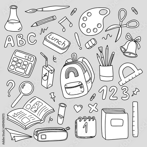 Hand drawn vector school icon set. Set of isolated back to school objects and lettering. black and white in doodle style on a white background, sticker pack