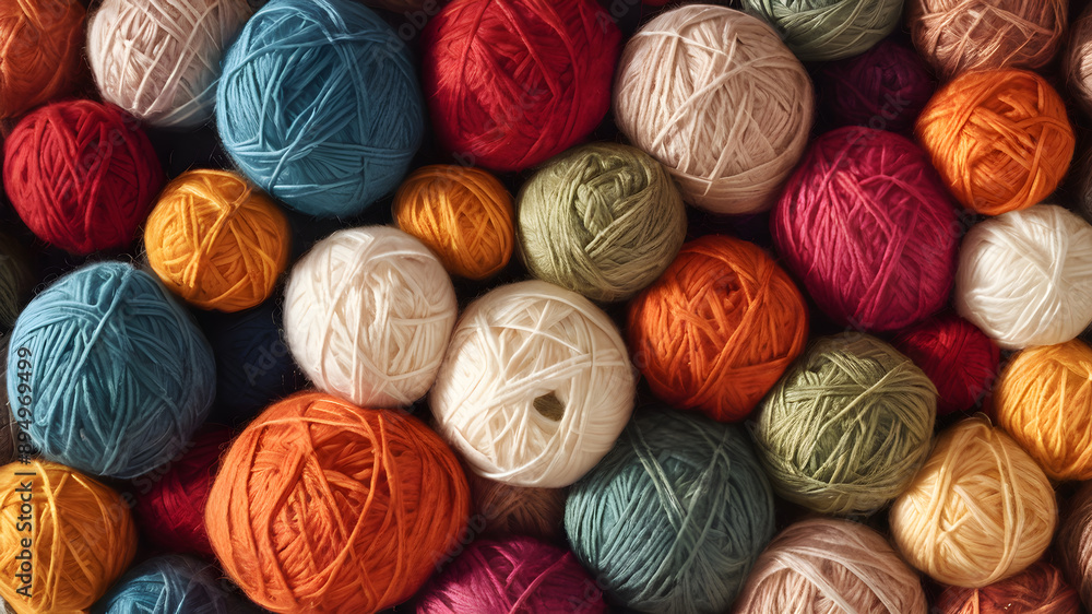 Colored balls of yarn top view. Generative AI Colored balls of yarn top view. Generative AI