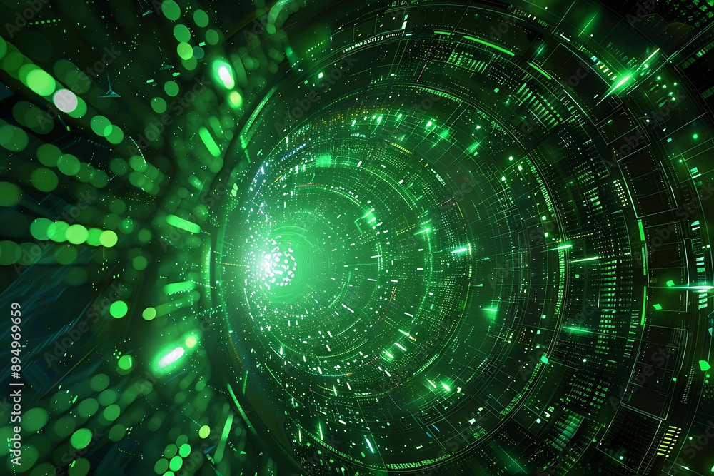 Obraz premium A captivating image of a futuristic green data vortex symbolizing cyberspace and digital technology, featuring neon effects and intricate details