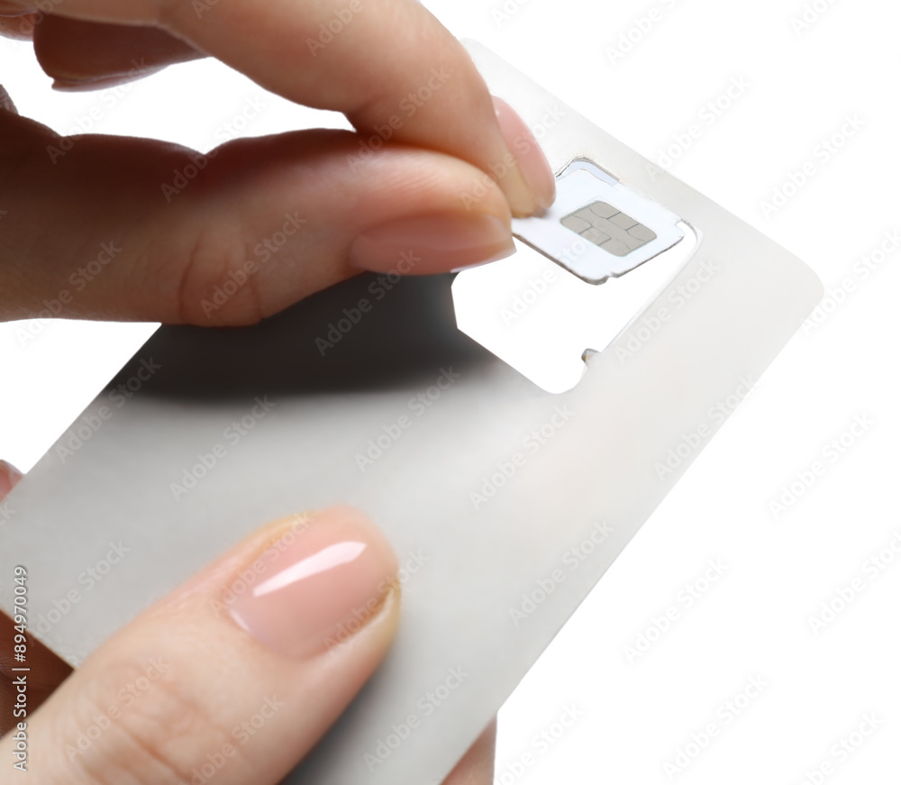 Woman removing SIM card from holder on white background, closeup Woman removing SIM card from holder on white background, closeup