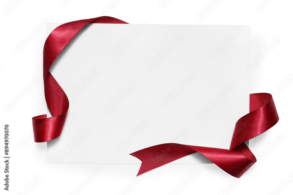 Red satin ribbon and blank card isolated on white, top view Red satin ribbon and blank card isolated on white, top view
