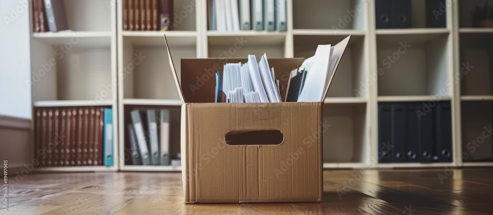 cardboard box with folders and office supplies cardboard box with folders and office supplies