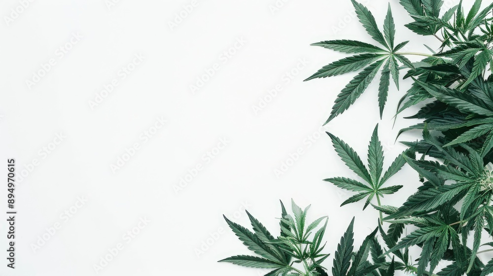 Fototapeta premium Cannabis Plant with Leaves on White Background and Space for Text