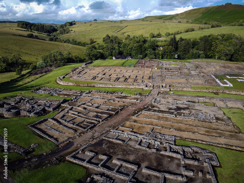 Vindolanda Roman fort ruins view, Hadrian Wall, Northumberland, England