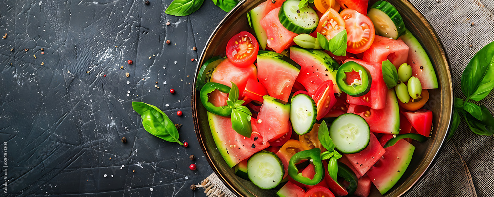 top view Summer salad with watermelon and cucumbers. top view Summer salad with watermelon and cucumbers.