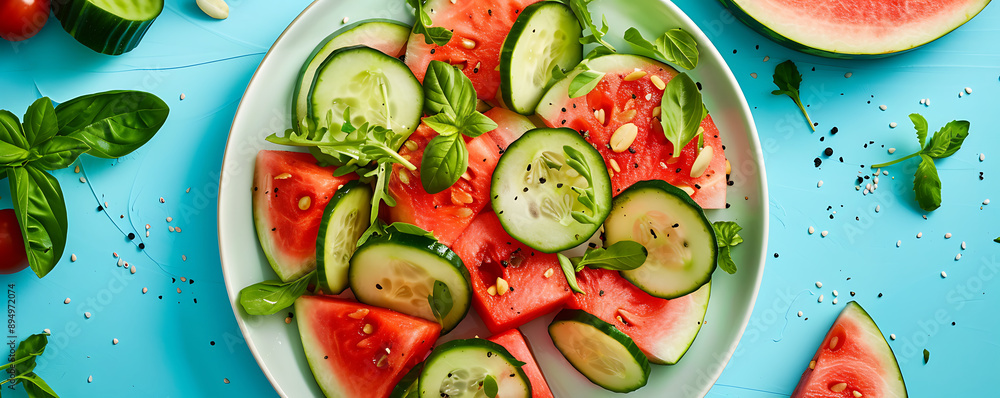 top view Summer salad with watermelon and cucumbers. top view Summer salad with watermelon and cucumbers.