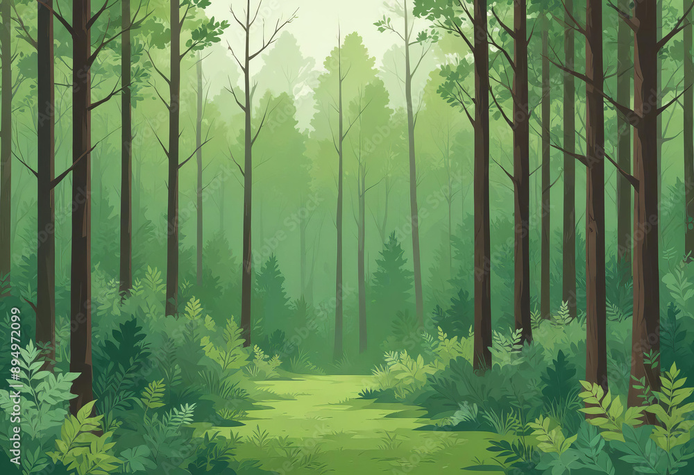 Obraz premium Playful cartoon forest scene with a variety of trees, bright and colorful background, whimsical atmosphere, lively and detailed.