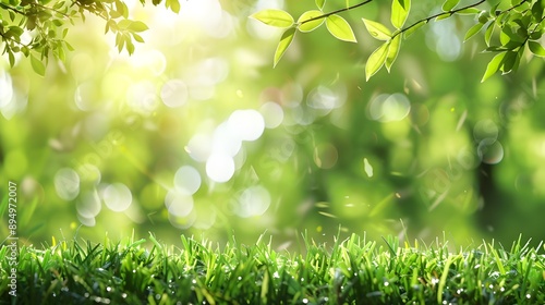 a crisp, springtime, bright garden background with bokeh of blurred greenery and green grass.