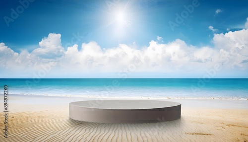 "Beach Podium with Sand and Sea Display Platform: Ideal for Summer-Themed Product Showcases" 