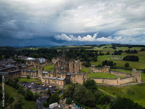 Alnwick Castle aerial view, Northumberland, England